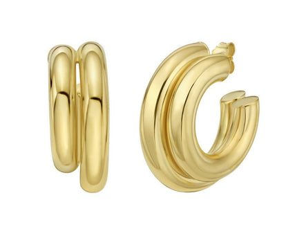 Sterling Silver Yellow Gold Plated Double Row Big and Small Round Hoop Earrings