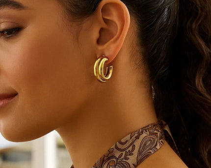 Sterling Silver Yellow Gold Plated Double Row Big and Small Round Hoop Earrings