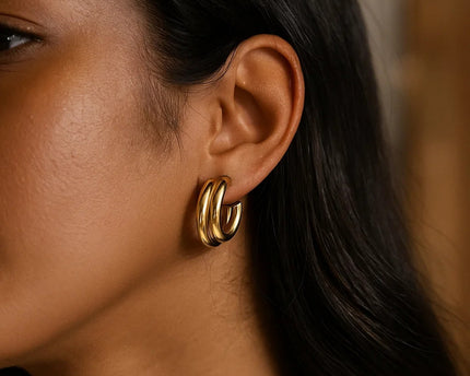Sterling Silver Yellow Gold Plated Double Row Big and Small Round Hoop Earrings