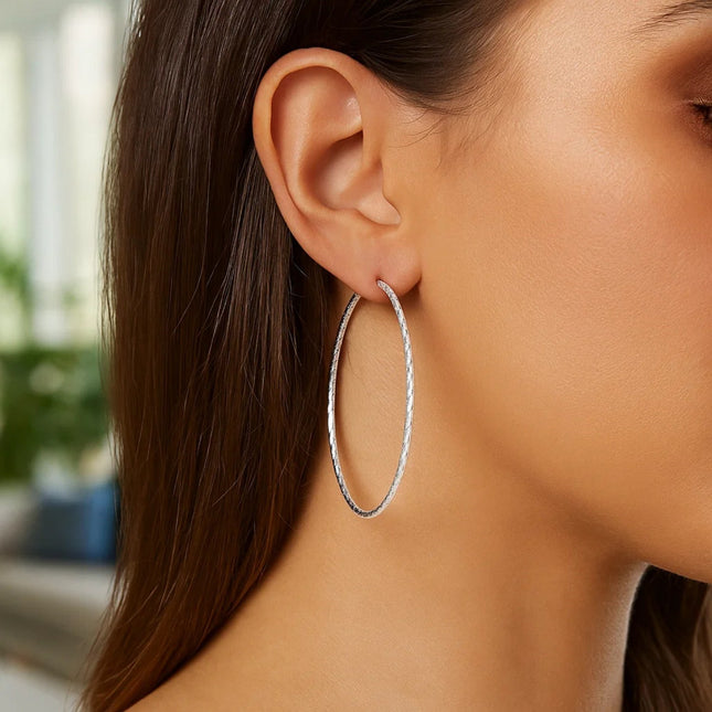 Sterling Silver Large Textured Round Hoop Earrings(1.6x70mm)