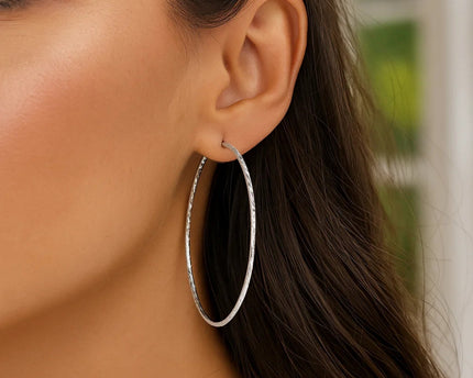 Sterling Silver Large Textured Round Hoop Earrings(1.6x70mm)