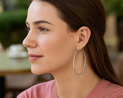 Sterling Silver Large Textured Round Hoop Earrings(1.6x70mm)