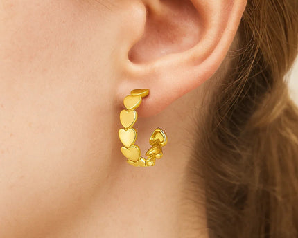 14K Yellow Gold Heart Row C Hoop Earrings