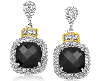 18k Yellow Gold & Sterling Silver Black Onyx & Diamond Earrings (.05cttw)