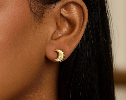 14k Yellow Gold Polished Moon Earrings with Diamonds