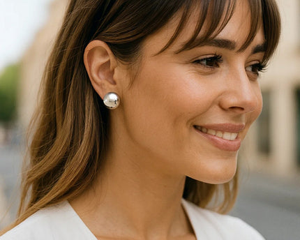 Sterling Silver Rhodium Plated Puffed Button Omega Earrings