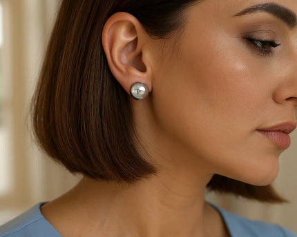 Sterling Silver Rhodium Plated Puffed Button Omega Earrings