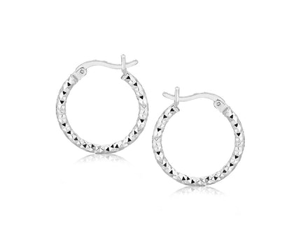 Sterling Silver Faceted Design Hoop Earrings with Rhodium Plating(2x15mm)
