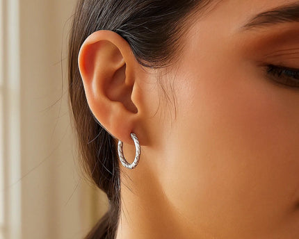 Sterling Silver Faceted Design Hoop Earrings with Rhodium Plating(2x15mm)