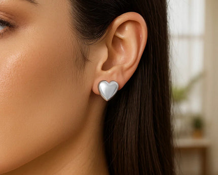 Sterling Silver Rhodium Plated Puffed Large Heart Stud Earrings