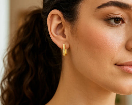 14K Yellow Gold Diamond Cut Fancy Huggie Earrings