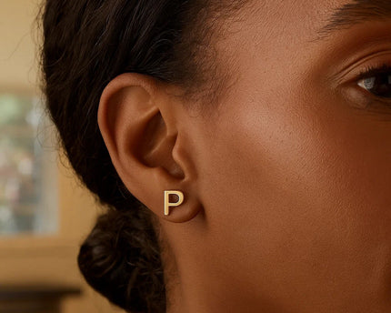 14K Yellow Gold Yours Truly Initial P Stud Earrings