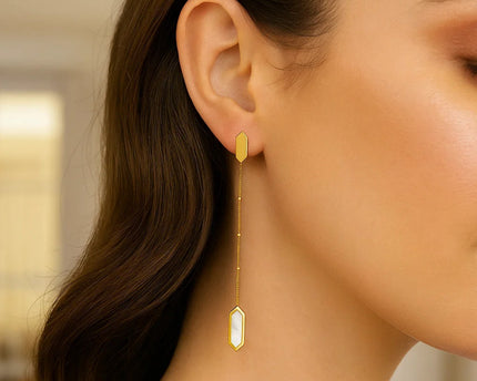 14K Yellow Gold Hexagon Mother of Pearl Drop Earrings