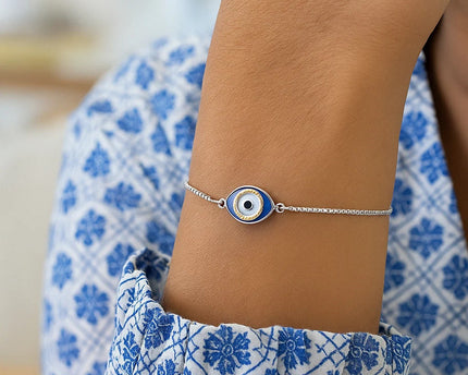 Sterling Silver Adjustable Two Toned Enameled Evil Eye Friendship Bracelet