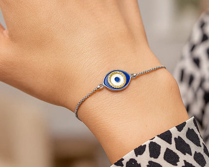 Sterling Silver Adjustable Two Toned Enameled Evil Eye Friendship Bracelet