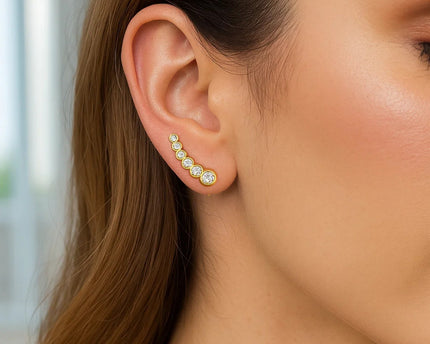 14k Yellow Gold Graduated Circles Climber Post Earrings with Cubic Zirconias