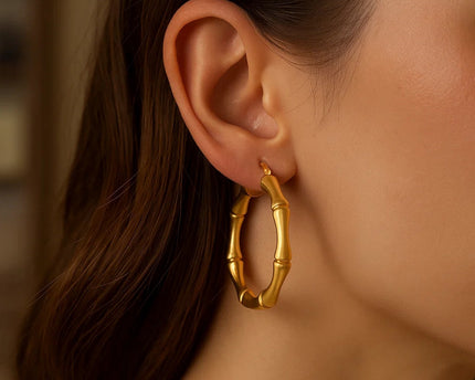 14k Yellow Gold Large Bamboo Hoops