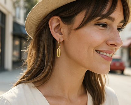 14k Yellow Gold Huggie Style Hoop Earrings with Paperclip Link Drops