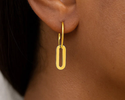 14k Yellow Gold Huggie Style Hoop Earrings with Paperclip Link Drops