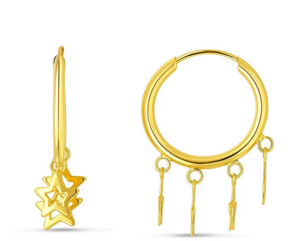 14K Yellow Gold Endless Star Charm Huggie Hoop Earrings
