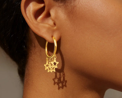 14K Yellow Gold Endless Star Charm Huggie Hoop Earrings