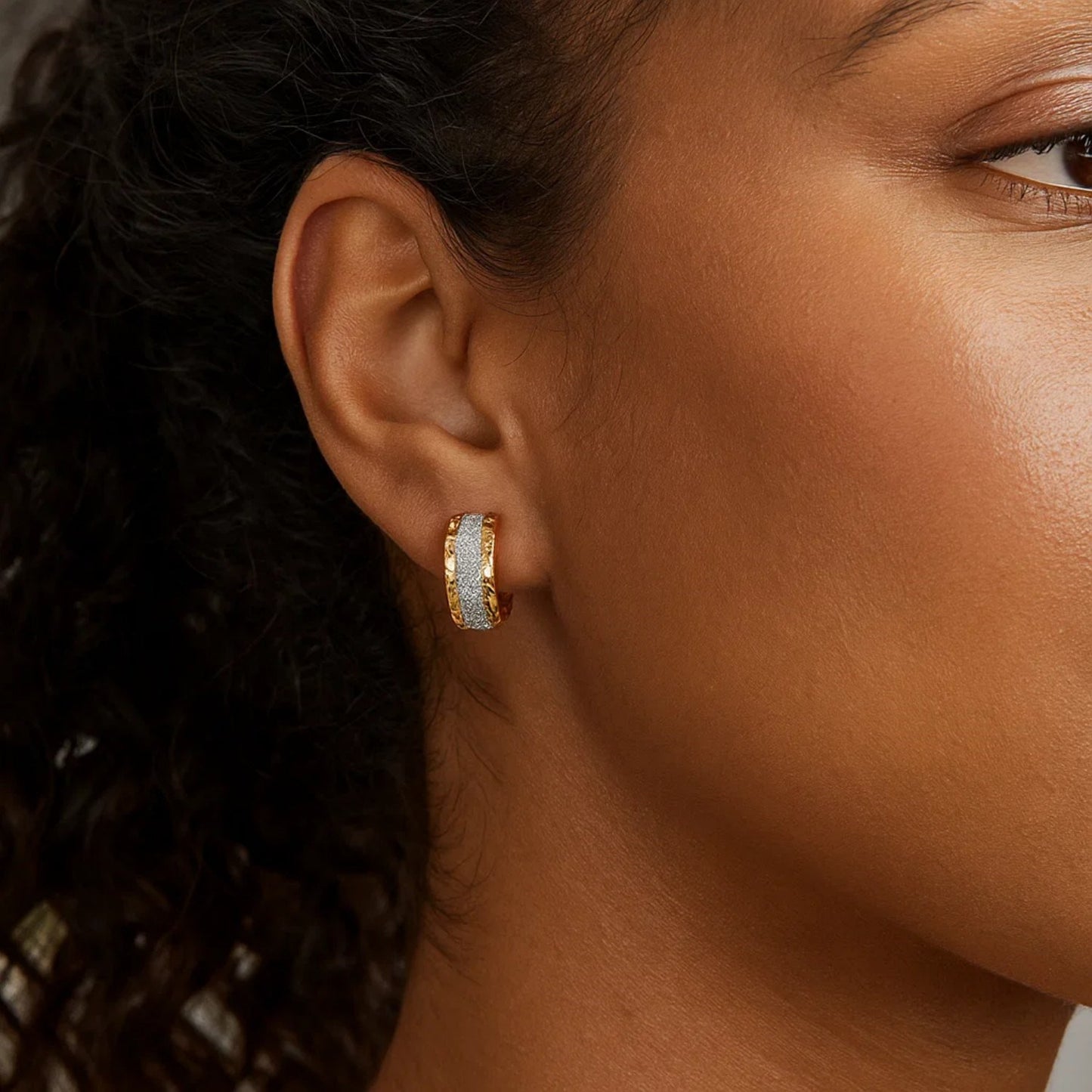 14K Two Tone Gold Center Huggie Earrings