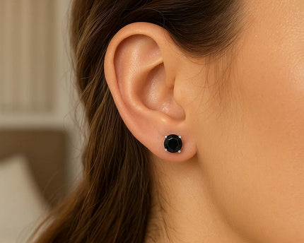 14k White Gold Stud Earrings with Black Faceted Cubic Zirconia(5mm)