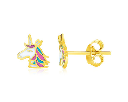 14k Yellow Gold Enameled Unicorn Childrens Earrings