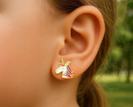 14k Yellow Gold Enameled Unicorn Childrens Earrings