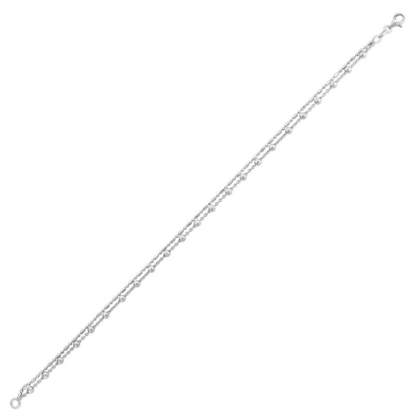 Sterling Silver Rhodium Plated Bead Double Strand Anklet