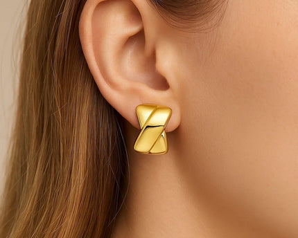 14K Yellow Gold Puffed X C Hoops Earrings