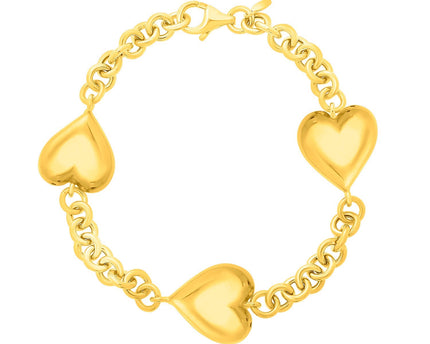 Sterling Silver Yellow Gold Plated Extra Puffed Triple Heart Bracelet