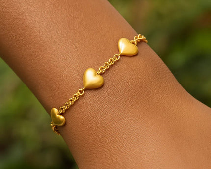 Sterling Silver Yellow Gold Plated Extra Puffed Triple Heart Bracelet