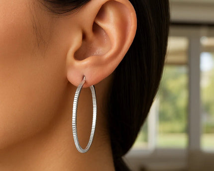 Ridge Textured Hoop Earrings in Sterling Silver(2x50mm)