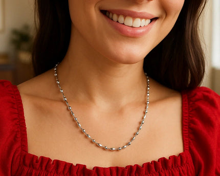 Sterling Silver Rhodium Plated Moon Cut Oval Bead Chain (3.00 mm)