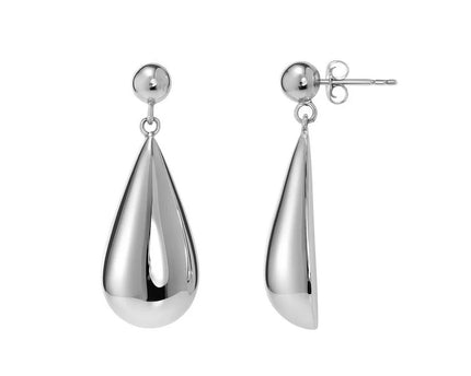 Sterling Silver Rhodium Plated Puffed Teardrop Dangle Earrings