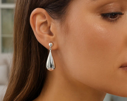 Sterling Silver Rhodium Plated Puffed Teardrop Dangle Earrings
