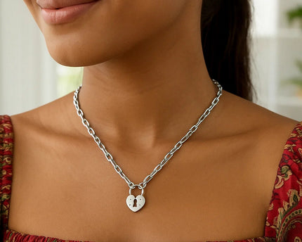 Sterling Silver Rhodium Plated Pad Lock Necklace