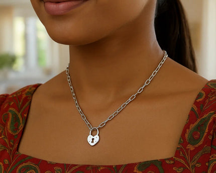 Sterling Silver Rhodium Plated Pad Lock Necklace