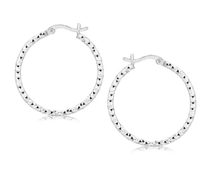 Sterling Silver Faceted Motif Hoop Earrings with Rhodium Plating(2x25mm)