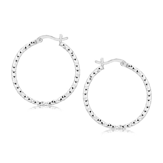 Sterling Silver Faceted Motif Hoop Earrings with Rhodium Plating(2x25mm)