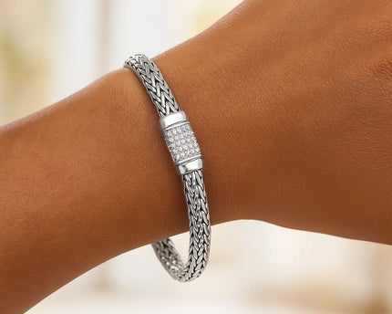 Sterling Silver Weave Motif Bracelet with White Sapphire Accents (6.35 mm)