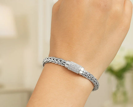 Sterling Silver Weave Motif Bracelet with White Sapphire Accents (6.35 mm)