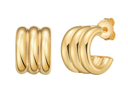 Sterling Silver Yellow Gold Plated Triple Row C Hoop Earrings