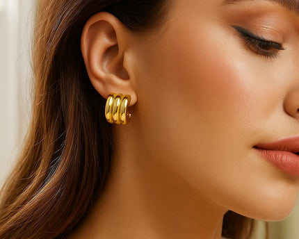Sterling Silver Yellow Gold Plated Triple Row C Hoop Earrings