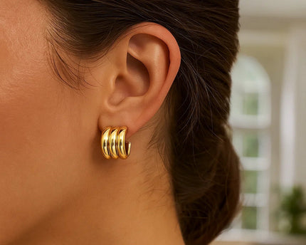 Sterling Silver Yellow Gold Plated Triple Row C Hoop Earrings