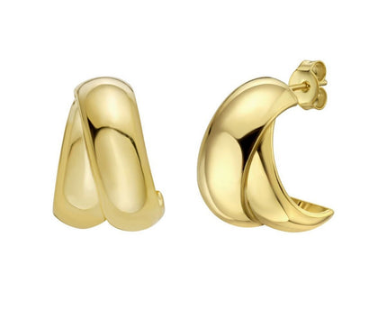 Sterling Silver Yellow Gold Plated Puffed Double Row Crossover C Hoop Earrings