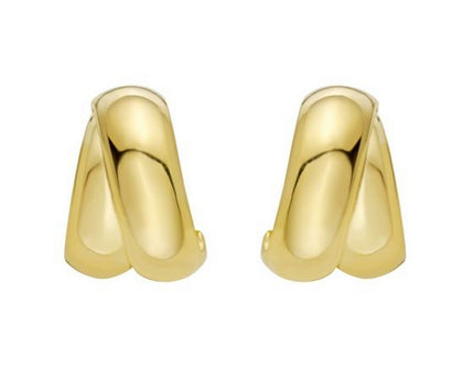 Sterling Silver Yellow Gold Plated Puffed Double Row Crossover C Hoop Earrings