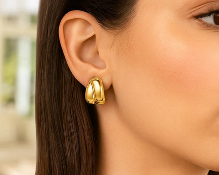 Sterling Silver Yellow Gold Plated Puffed Double Row Crossover C Hoop Earrings