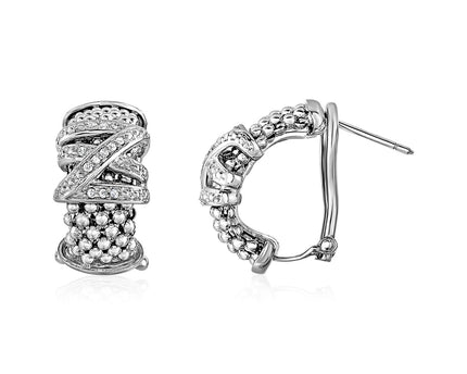 Popcorn Texture Earrings with Crossover Motif and Diamonds in Sterling Silver